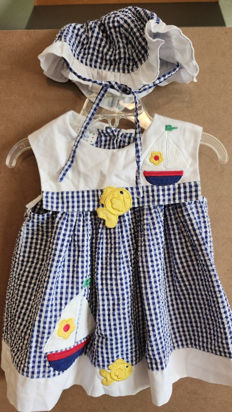 Vtg Samara Baby Girls Gingham Sailboat Dress W/ Sun Hat Set Nautical NWT K80